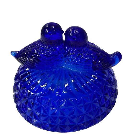 HOFBAUER Birds Cobalt Blue Glass Love Birds Candy Dish Bowl with Lid Vintage - Picture 7 of 11